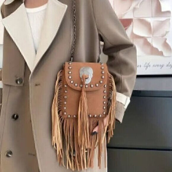 Y2K Fringe Crossbody Bag, Steampunk Chain Shoulder Bag, Trendy Studded Purse - Picture 2 of 8